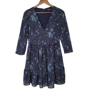 Madewell Floral Print Long Sleeve V-Neck Tiered Dress Size 6 Navy Blue